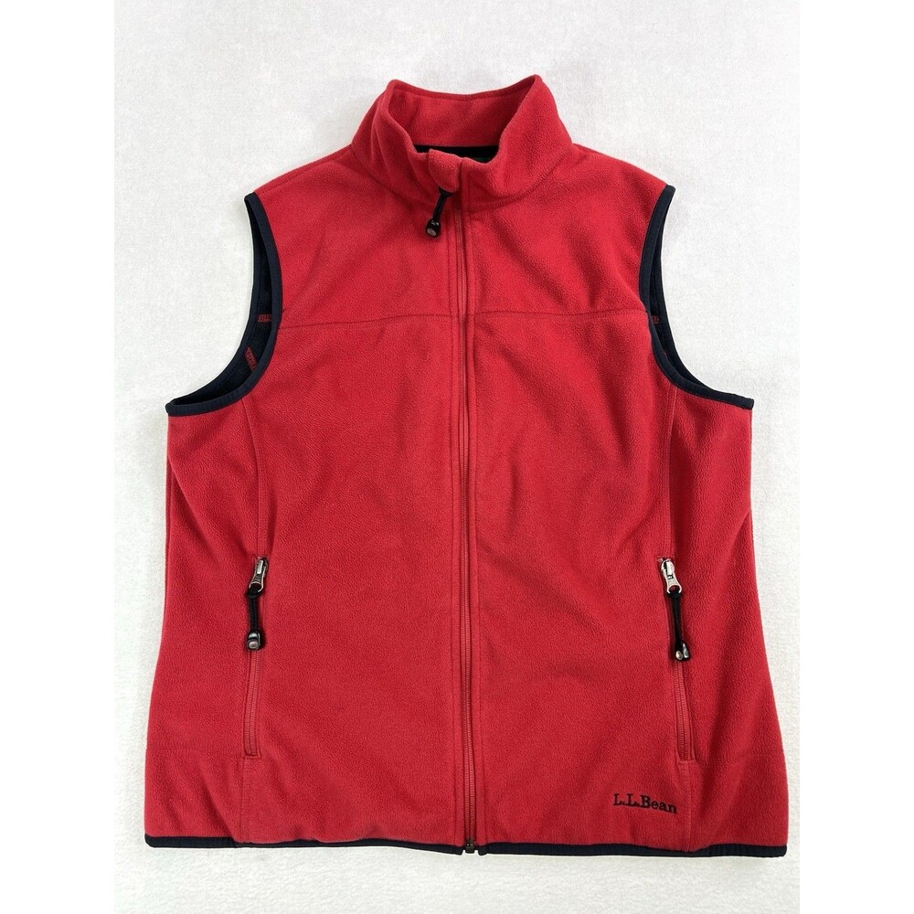 LL Bean Polartec Fleece Vest Womens Medium Red Black Full Zip Pockets
